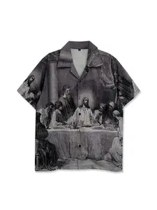 Printed Shirt, Fitted, Unisex Medieval Sketch Cultural Style, Religious Dinner Ceremony Pattern, Casual Vacation Wear, Youth Fashion, Valentine's Gift, Short Sleeve Hawaiian Clothing, Menswear, Tops, Gothic Last Supper Renaissance Charcoal Gray Blouse