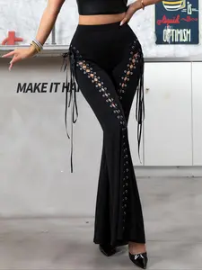 Women's Lace Up Tie Front Flare Leg Pants, Bohemian Trousers, Punk Fashion Casual High Waist Bell Bottom Boho Fashion Trousers for Daily Outdoor Wear, Ladies Bottoms for All Seasons