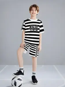 Youth Short Sleeve Set 456 Classic Striped 3D T-Shirt Shorts Two-Piece Suit Slim Fit Casual Random Print No Zipper
