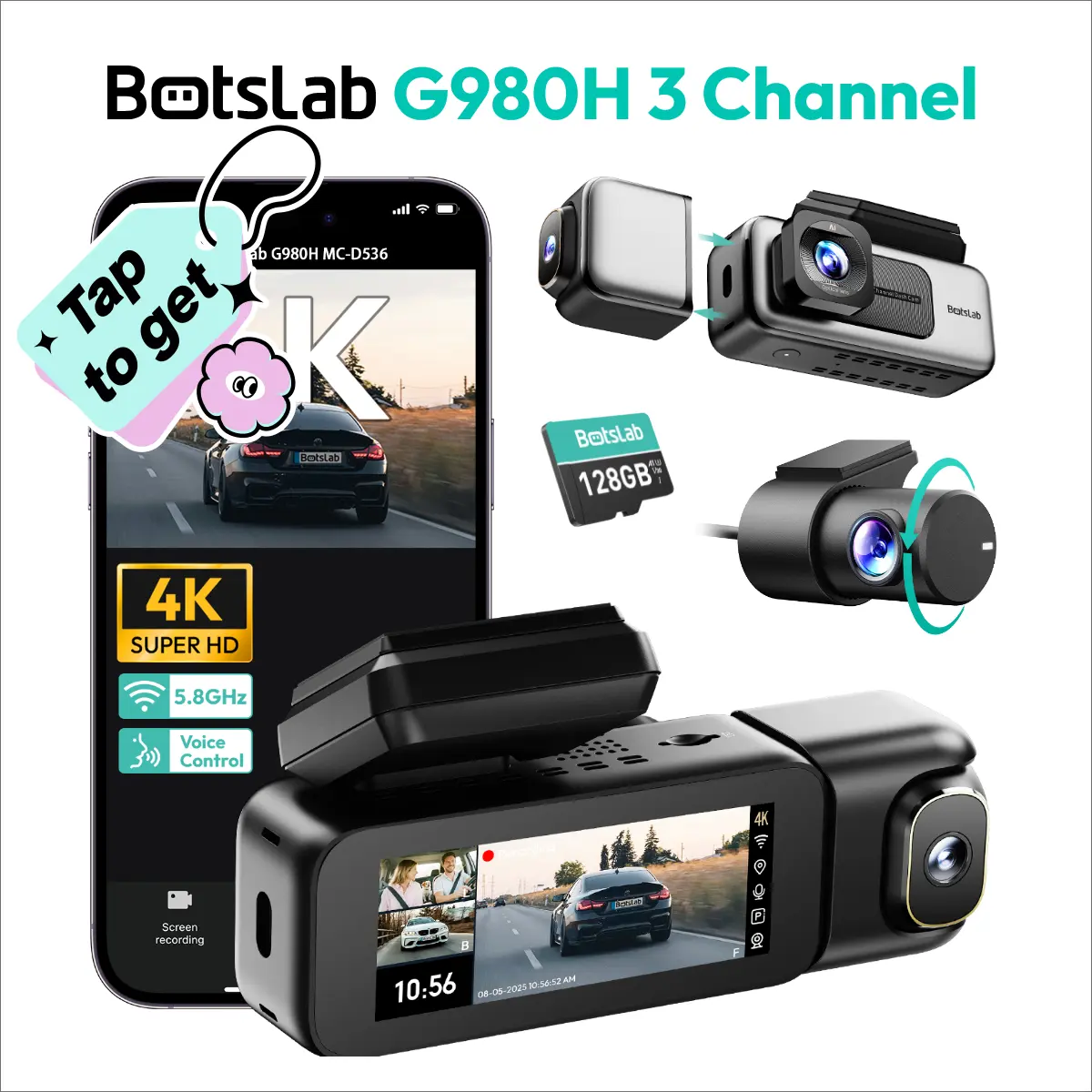 [summerfinds]Botslab 4K 3 Channel Dash Cam with 3.18" Touch Screen Night Vision GPS WiFi Voice Control 24/7 Parking Mode 128GB Card Wifi Dashcam Car Driving Recorder