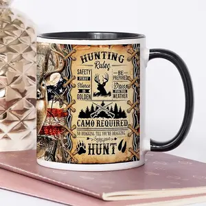YouNique Designs Hunting Cup 11 Ounces, Deer Aceent Black Mug, Hunting Coffee Mugs For Men Unique, Hunter Boyfriend Cup, Deer Hunting Mug For Men, Bow Hunter Mug, Outdoorsman Cup (Black Handle)