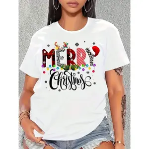 Festive Women's Christmas Graphic Tee Casual Short Sleeve Cotton Top with Santa Hat Snowflakes Holiday Party Wear