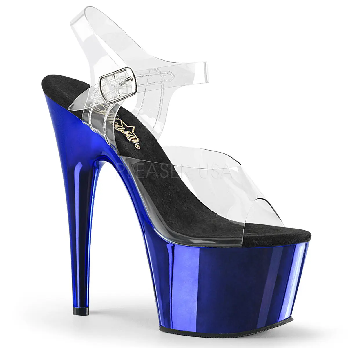ADORE-708 Platform Sandals in Blue Chrome, Ankle Strap Footwear with Open Toe and 7 In Chrome Plated High Heels, Heeled, Shoe