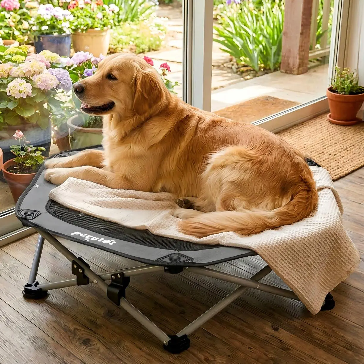 Pecute Elevated Dog Bed with Blanket - 16mm Foldable Portable Steel Frame, Detachable Hose-Cleanable Mesh, Plain Design, Anti-Slip Feet, 60kg Capacity, 3s Fold-Back, Storage Bag, Away from Pests, for Small Dogs Poodle, Patio Camping Use