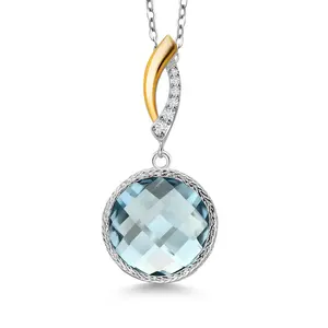 Gem Stone King 925 Sterling Silver Sky Blue Simulated Aquamarine and White Lab Grown Diamond Pendant Necklace for Women | 6.75 Cttw | Gemstone March Birthstone | Round 12MM | With 18 Inch Chain