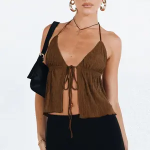 Women Halterneck Crop Tops Summer Solid Color Bandage Open Front Backless Sleeveless Tops Streetwear