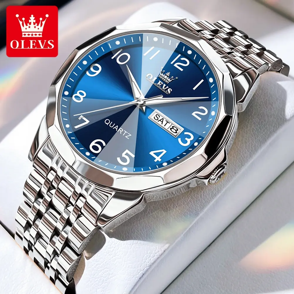 Authentic Minimal Business Men’s Analog Quartz Wristwatch, Dual Day & Date Window, Luminous Hands, Large Number Dial Markers, 3ATM Daily Splash Resistant Daily Wear Watch