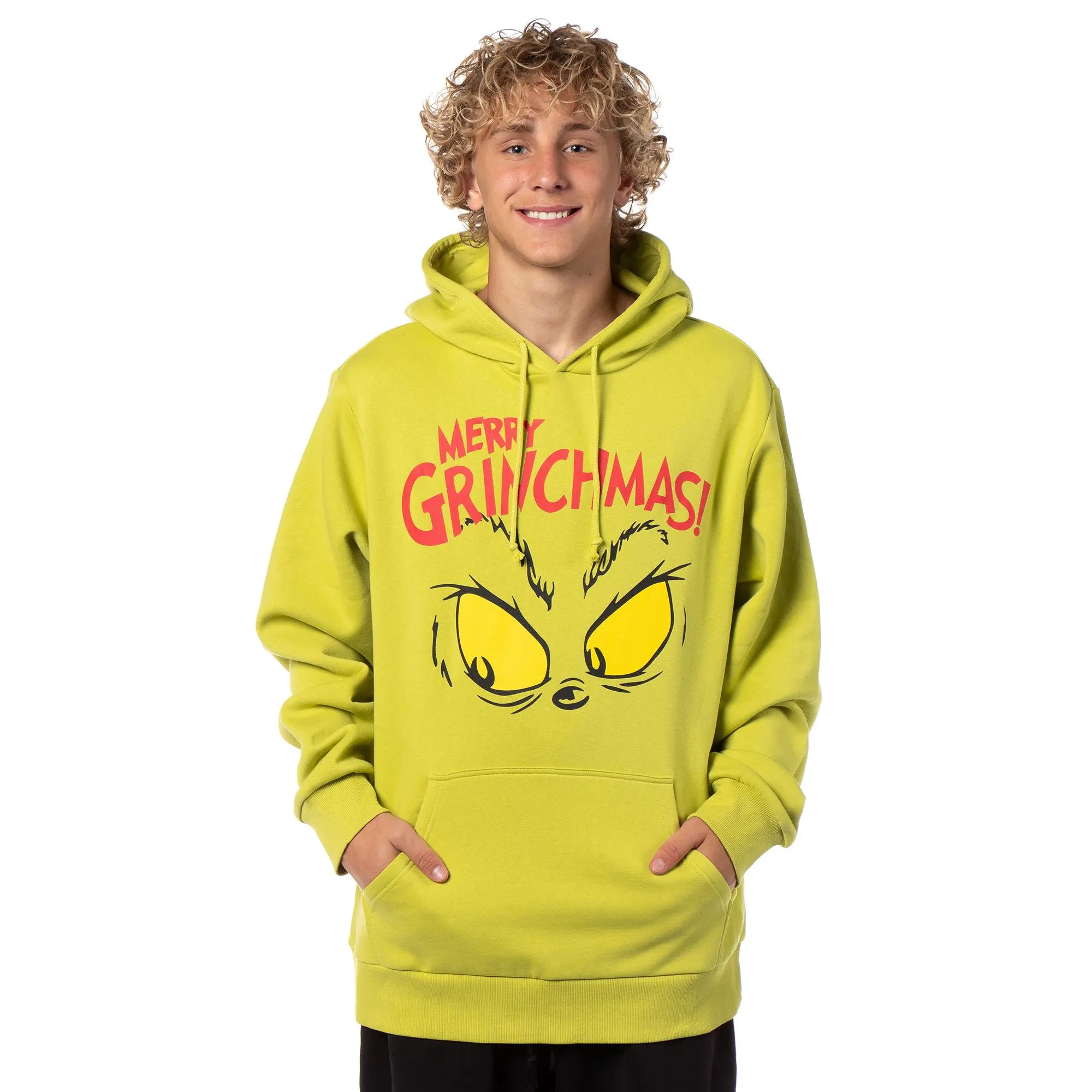Dr. Seuss' The Grinch Men's Casual Merry Grinchmas Graphic Hoodie, Cotton Blend Pullover Sweater with Kangaroo Pocket, Tops, Menswear