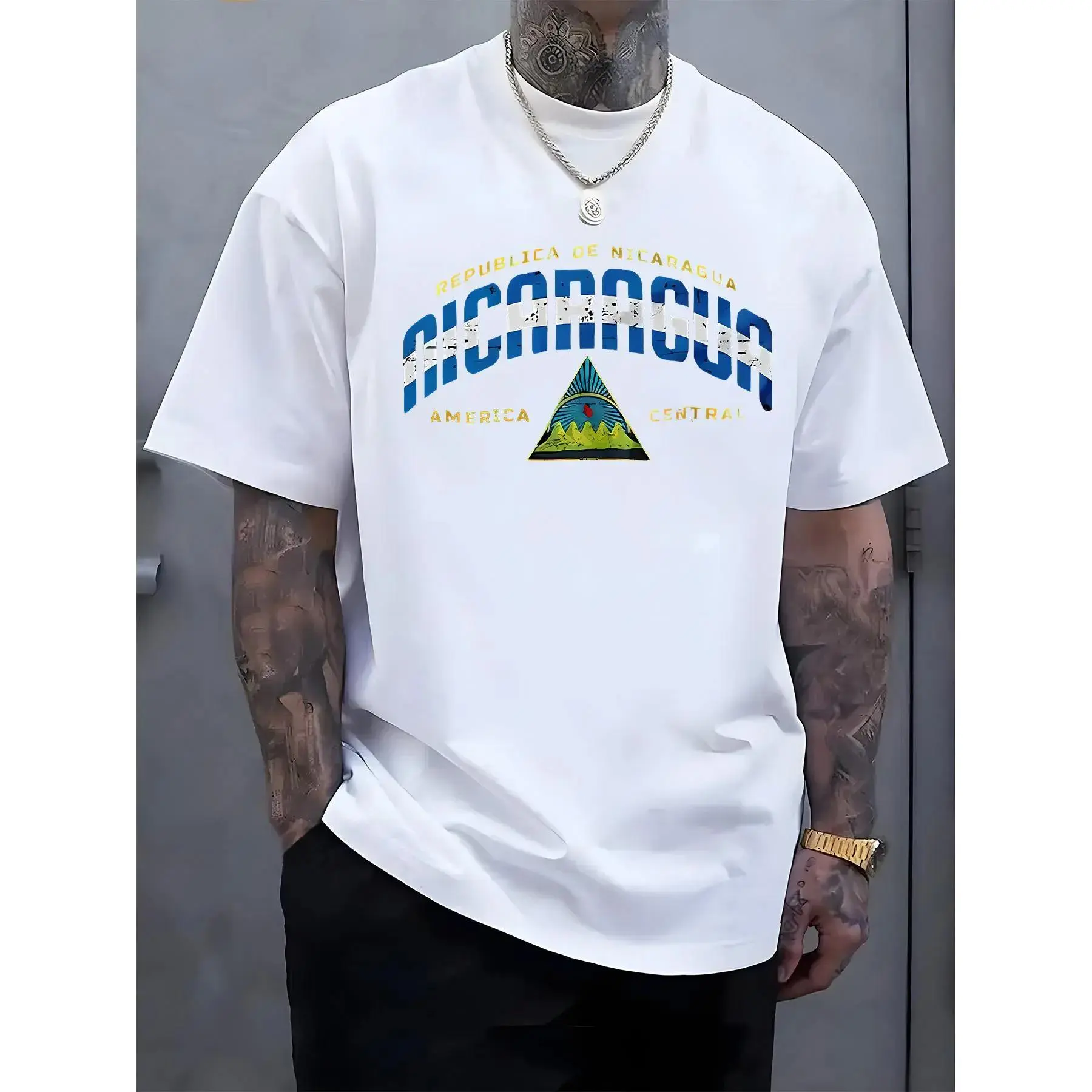 Men's Casual "Republica de Nicaragua" Graphic T-Shirt - Short Sleeve, Round Neck, Lightweight, Breathable, Comfortable Fit Menswear Top for Spring & Summer Outdoor Activities, Tshirt
