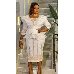 Luxury White & Gold Embellished Peplum Midi Dress for Women | Elegant Occasion Outfit