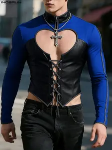 INCERUN Men's Heart Cutout Knitted Half High Neck Colorblock Tie Long Sleeve T-Shirt, Casual Fashion Top for Spring & Fall Knitwear