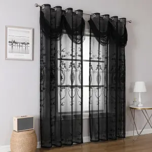 1pc black lace embroidery, sheer and valance integrated curtains, elegant home decoration highlights, perfect for living rooms and bedrooms, adding charming touch to windows, Easy Install Curtain