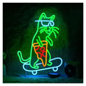 Sign Illuminated Skateboard Cat Neon Sign Pizza Light Dimmable For Bedroom Restaurant Kitchen Pet Store Dining Room Wall Decor USB Powered Lamp 31cmx42.5cm