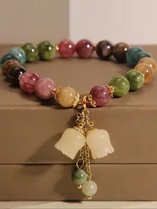 Artificial Colorful Quartz Stone Bracelet with Bellflower Pendant, Casual Style Rope Chain Jewelry for All Seasons, Women's Fashion Accessory, Exquisite Bracelet