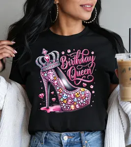 Women's birthday queen pink rhinestone high heels and crown pattern T-shirt, stylish birthday print, casual party celebration T-shirt.