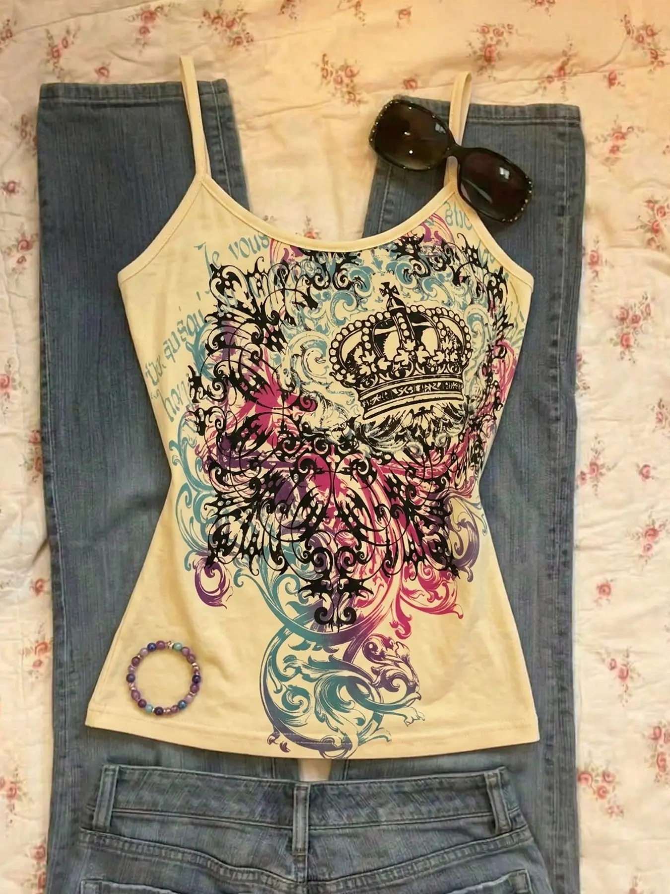 Summer Y2K Millennial Gradient Totem Crown Floral Print Thin Strap Halter Tank Top, Sweet Cool Girl Slim Fit Short Sleeve Shirt, Trendy Chic Fashion, Womenswear