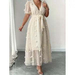 Women V Neck Jacquard Puff Sleeve Waist Tie Dress Elegant Party Midi Dress