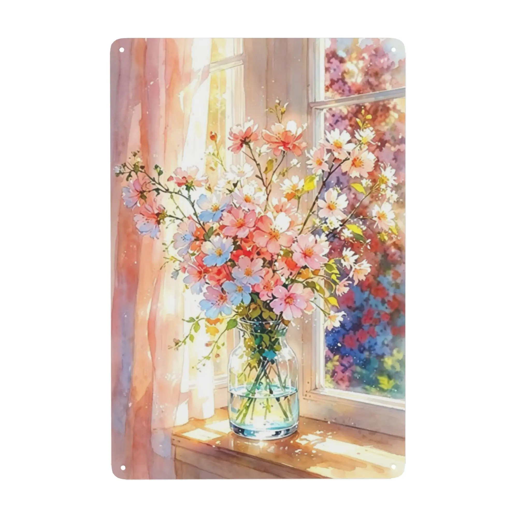 Vintage Distressed Metal Tin Sign - Decorative Watercolor Pastel Wildflower Vase, Sunlit Window, Pink Sheer Curtain Wall Plaque, Shabby Chic Cottagecore Wall Art Adds a Soft Floral Touch for Girls Bedroom Vanities, Universal Farmhouse Home Decor, Flowers,