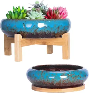 ARTKETTY Succulent Pots - 7.3/10 Inch Large Plant Pot Set of 2, Ceramic Bonsai Pot with Drainage Tray Shallow Planters for Indoor Succulents Glazed Cactus Flower Plant Container