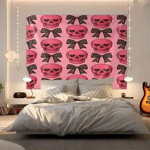 Barbie-Pink Skull and Black Bow Tie Pattern Wall Tapestry, Stylish Gothic Coquette Aesthetic Digital Print Wall Hanging Tapestry, Perfect for Bedroom and Living Room Decor Tapestry, Unique Home Decor Tapestry for Trendy Spaces, Eye-Catching Wall Art