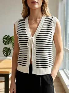 Women's Striped Tie-Front Knitted Top, Trendy Sleeveless Sweater Vest for Summer, Elegant Knitwear for Holiday & Casual Wear
