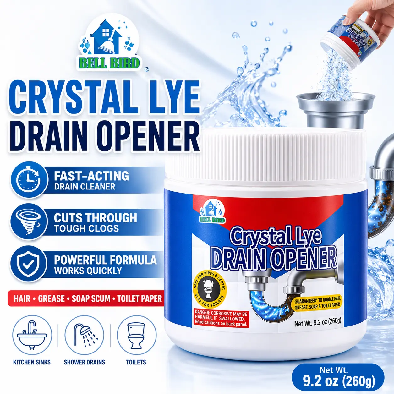 Powerful Pipe Dredging Agent for Toilets & Kitchen Pipelines – Dissolves 200+ Blockages & Kills 99% of Bacteria – Fast-Acting Drain Cleaner for Slow Drainage, Food Waste, Grease & Soap Scum – Safe for Plastic Pipes – Household Use