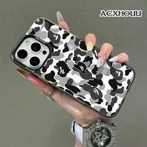 Compatible for iPhone 17 16 E Pro Max 15 Plus 14 13 12 11 XR XS Case Screen Protector Monochrome Bape Camo Shockproof Military Grade Protection