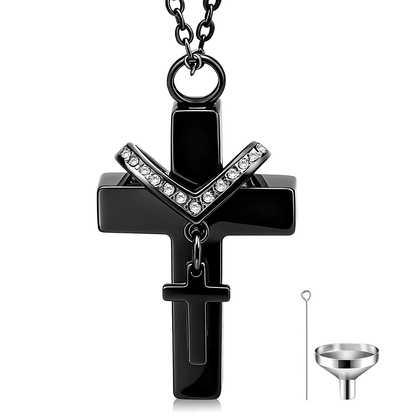 Urn Necklaces for Ashes Stainless Steel Cross Cremation Jewelry for Human Pet Ashes, Black Double Cross Ashes Holder Pendant with Rhinestone Accent, Memorial Keepsake Gifts for Women Men