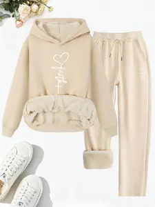 Women's Fleece Lined Long Sleeve Pants & Top Set, Casual Letter & Heart Print Two-Piece, Fall & Winter Warm Clothing