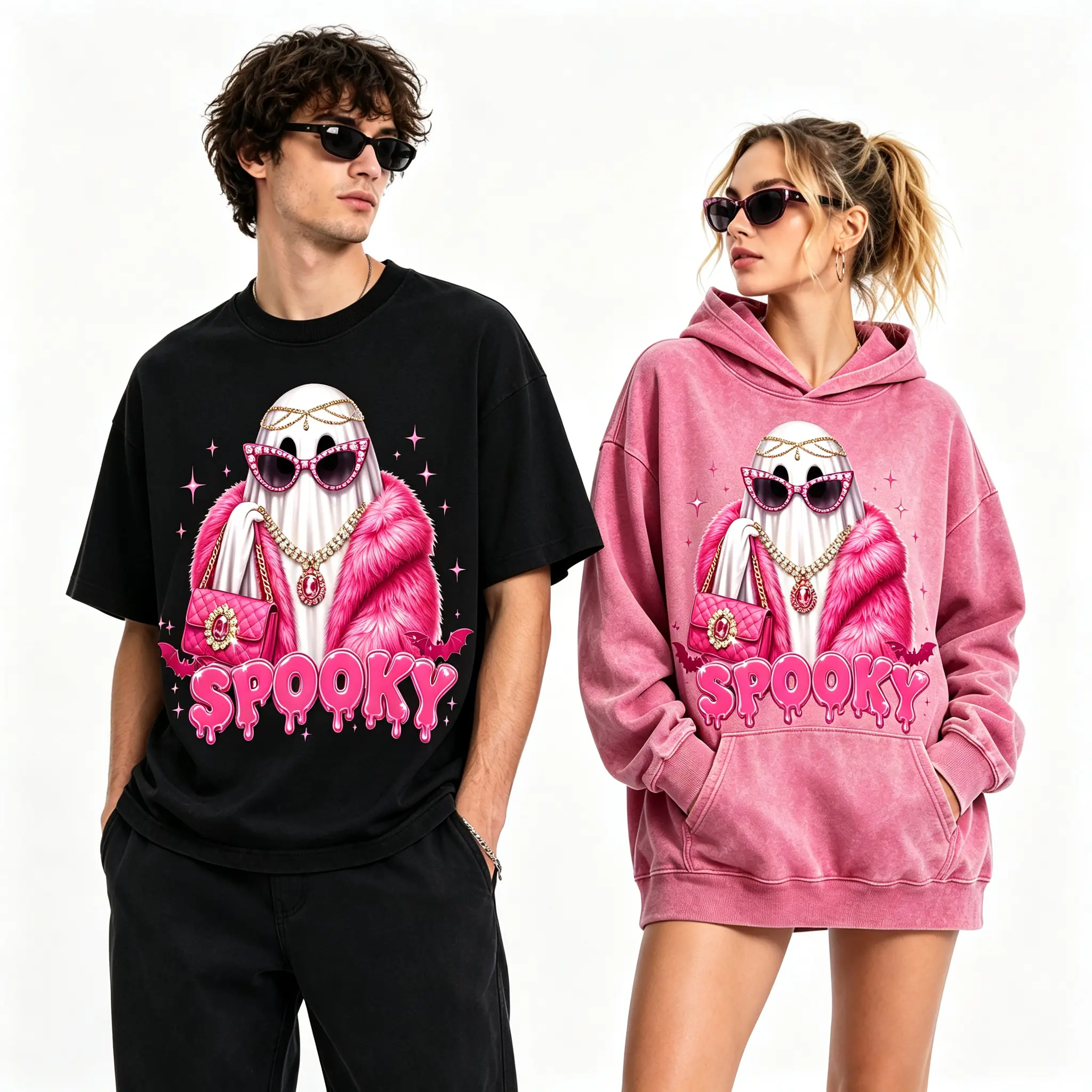 Vintage Halloween Hoodie Shirt for Women Men, Acid Washed Oversized Graphic Sweatshirt, Pink Fashion Ghost Print Pullover Hoodie, Spooky Cute Streetwear Top, Y2K Gothic Style Casual Clothing, Unisex Fall Winter Apparel,Halloween Gift,Spooky Gift,couple