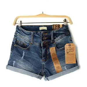 Three-Button Curled Frayed Denim Shorts