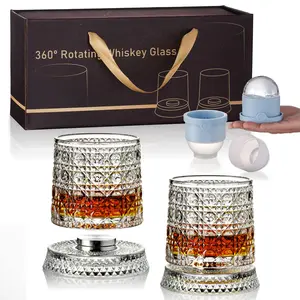 Luxury Spinning Crystal Whiskey Glass Drinkware Gift Set – 2 Rotating Glasses & 2 Ice Ball Molds with Elegant Gift Box, Diamond & Snowflake Cut Barware Gift Set, summervibes