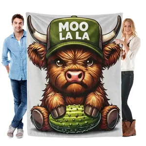 Ultra Soft Flannel Funny Highland Cow Blanket with Moo La La Print, Cow Design Throws, Farmstyle Throws for Home Decor & Gift