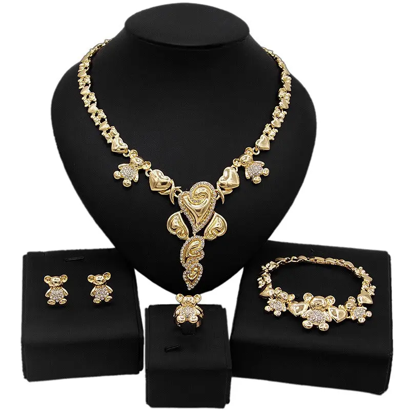 Elegant Matching HUGS & KISSES xo Teddy-Themed Heart Jewelry Set, Gold-Plated #83, Elegant Jewelry Set, Matching Jewelry Set