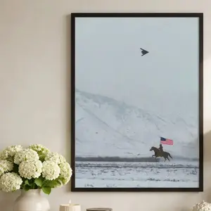 [NO FRAME] U.S.A Cowboy on Horse Waving Flag and B2 Spirit Flying Satin Poster - America - Western - Mountain - Unframed Wall art - Gift for Men and Women - MADE IN USA Poster
