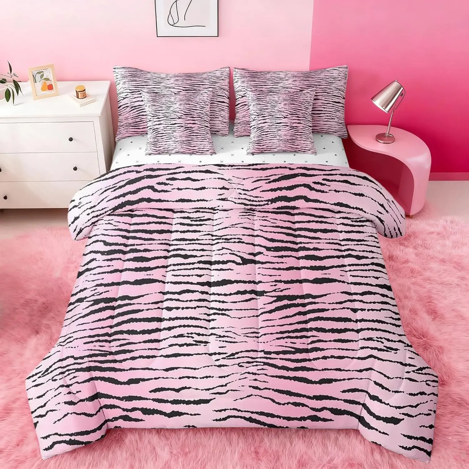Kids Pink Zebra Bed in a Bag,Zebra Stripes 7 Piece Bedding Set Pink Black Bedding Sets with Comforter,Pillowcases,Flat Sheet,Fitted Sheet and Cushion Cover