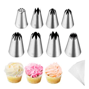 8Pcs Large Piping Tips Set,Stainless Steel Icing Tips with 10 Disposable Pastry Bags for Cake Decorating Bakeware Kitchen Sturdy