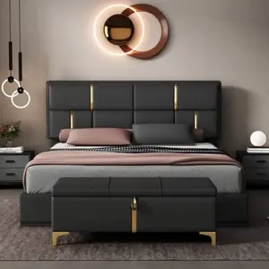 2-Piece Queen Size Upholstered Bedroom Set - Hydraulic Storage Platform Bed & Matching Ottoman with Metal Legs Black Modern Design