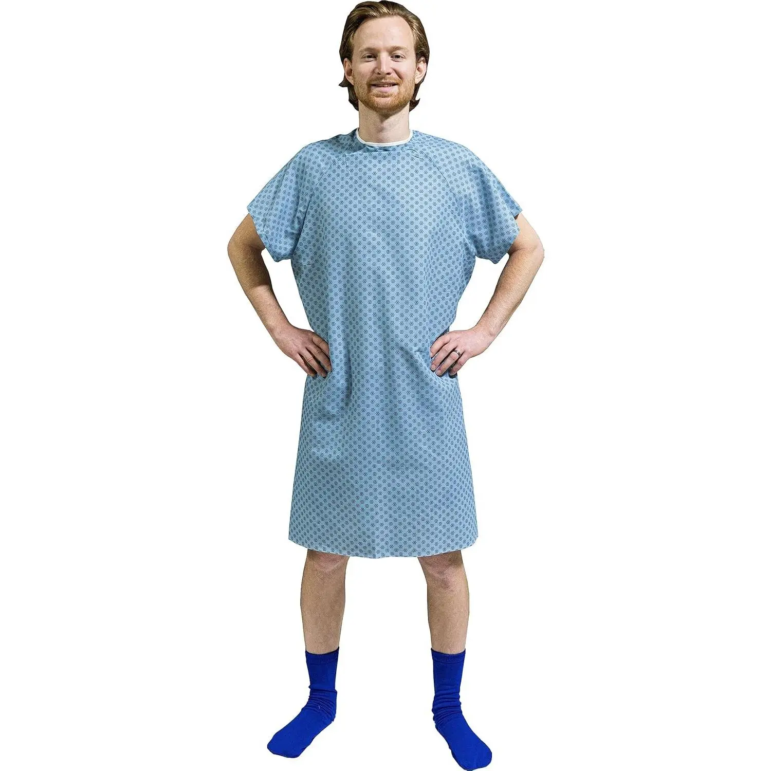 4PK - Men's Deluxe Value Patient Hospital Gown Robe, Soft & Comfortable Gowns Size Medium/Large (Blue)