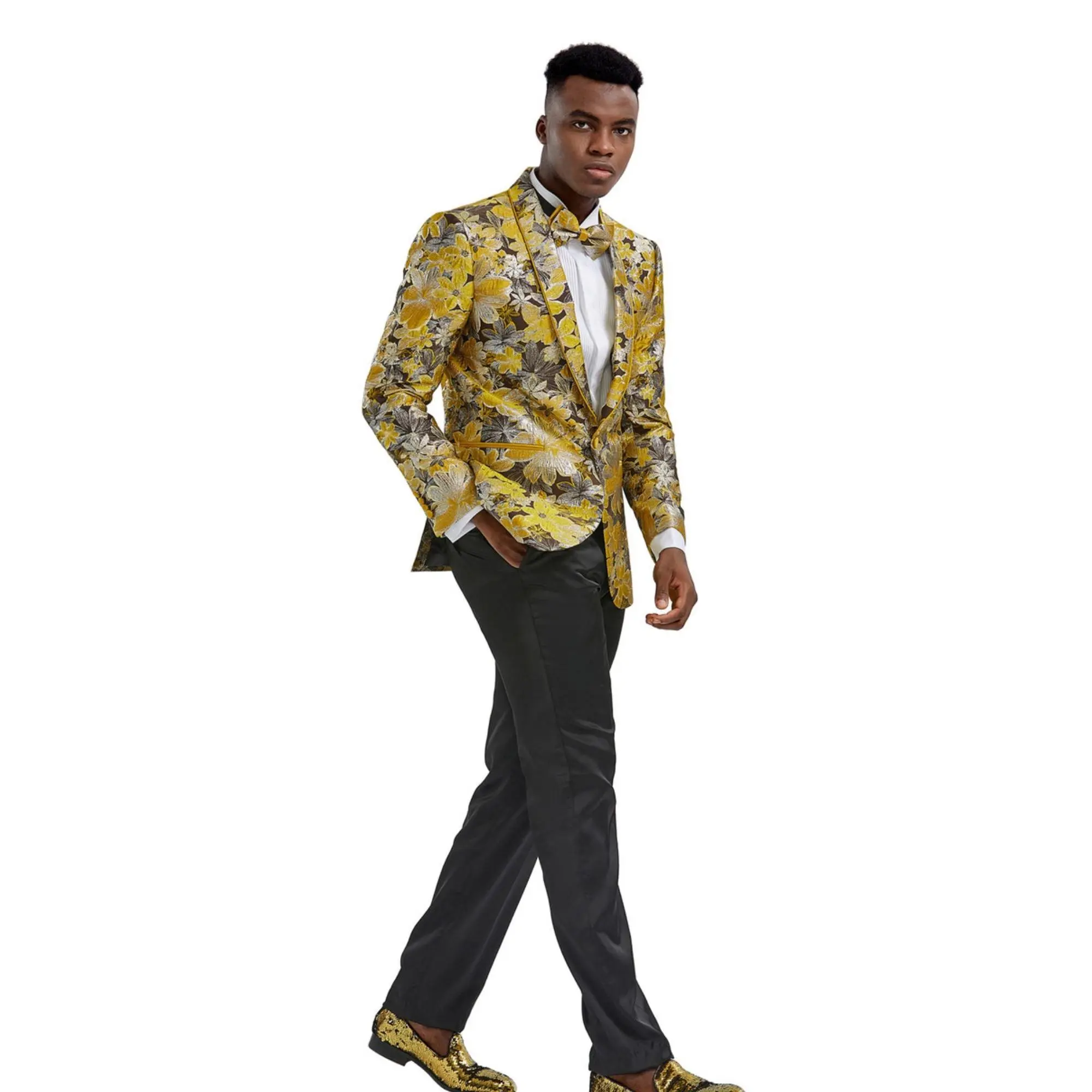 Floral Shawl Collar Single-Breasted Blazer with Bow Tie - Gold