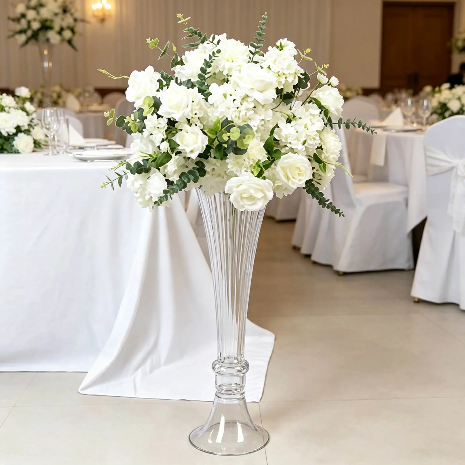 2 Pack Ribbed Glass Trumpet Vases Clear 24", Fluted Tall Reversible Flower Vases for Table Centerpieces