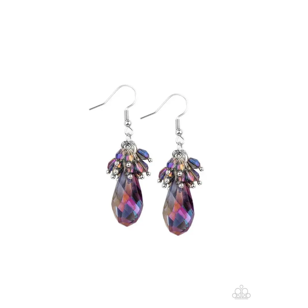 Women's Iridescent Glitter Drop Earrings - Colorful Oil Spill Iridescent Beads, Sparkly Chandelier Clustered Teardrop Design, Fishhook Backings, Fashion Costume Jewelry Accessories