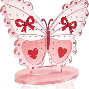 Pink Butterfly Acrylic Earring Holder Organizer for Women Earring Display Stand with 80 Holes & Storage Rack with Solid Base Cute Jewelry Holder Stand with Bow Heart Decoration (Pink)
