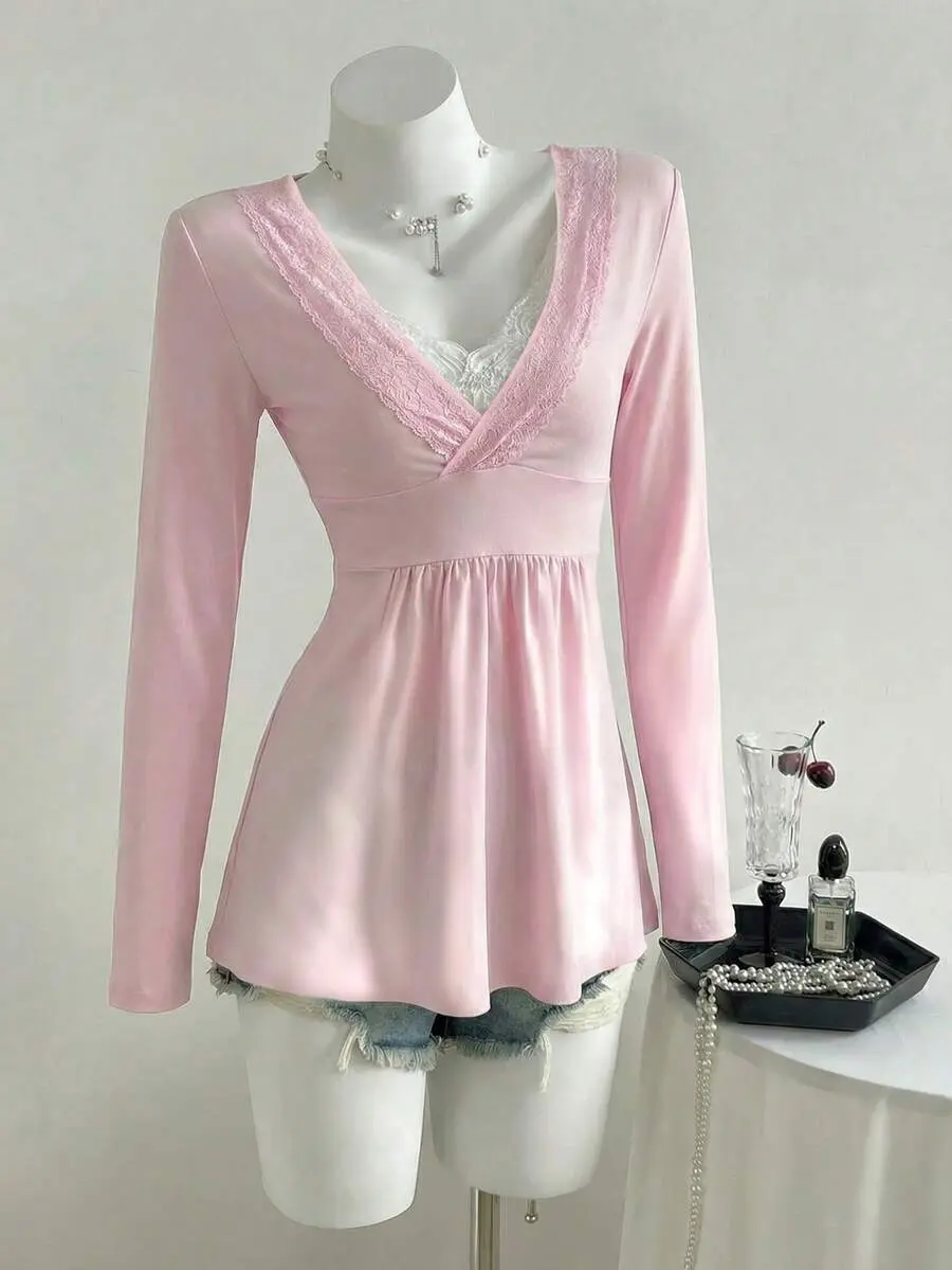 Casual Elegant Versatile Lace Deep V-Neck Long Sleeve Top, Summer/ Date Night Light Pink- back to school outfit- back to school outfit