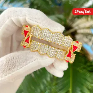 2pcs/set Shiny Cubic Zirconia Vampire Bleeding Teeth Grills, 8 Top and Bottom Fangs Teeth Grills for Halloween Hip Hop Teeth Jewelry