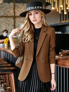 Dark brown double breasted suit jacket with three quarter sleeves and waist cinched small suit, versatile commuter Elegant Chic women's top