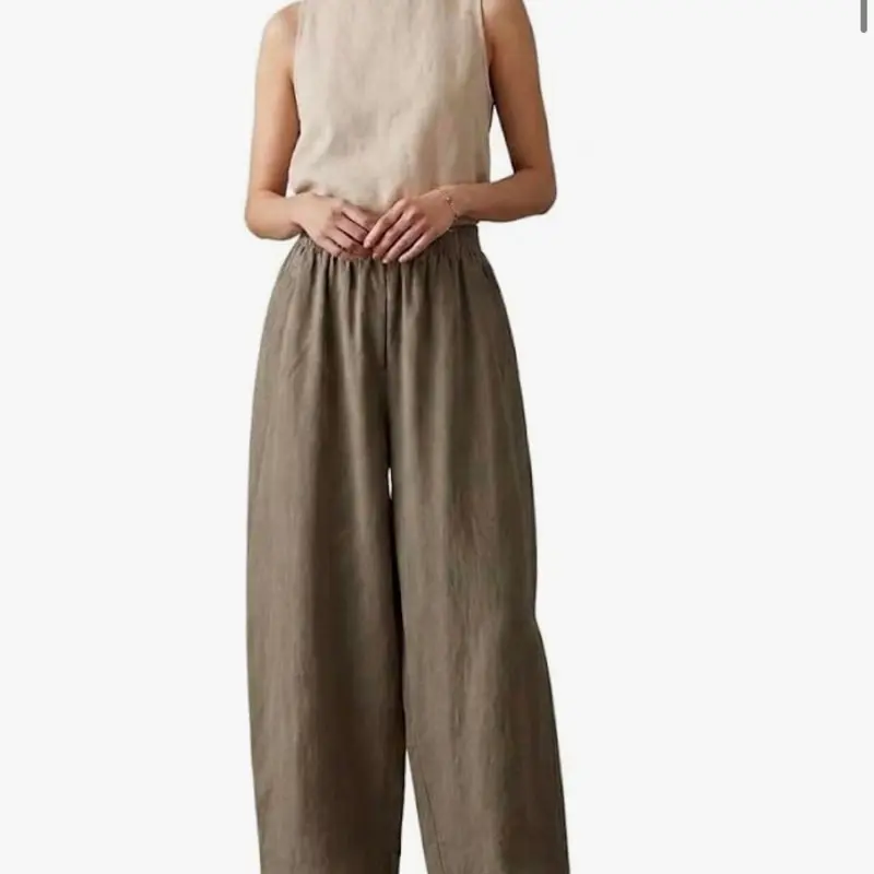 Wide Leg Pants—Elastic High Waist Loose Fit—Palazzo Pants - Olive Taupe