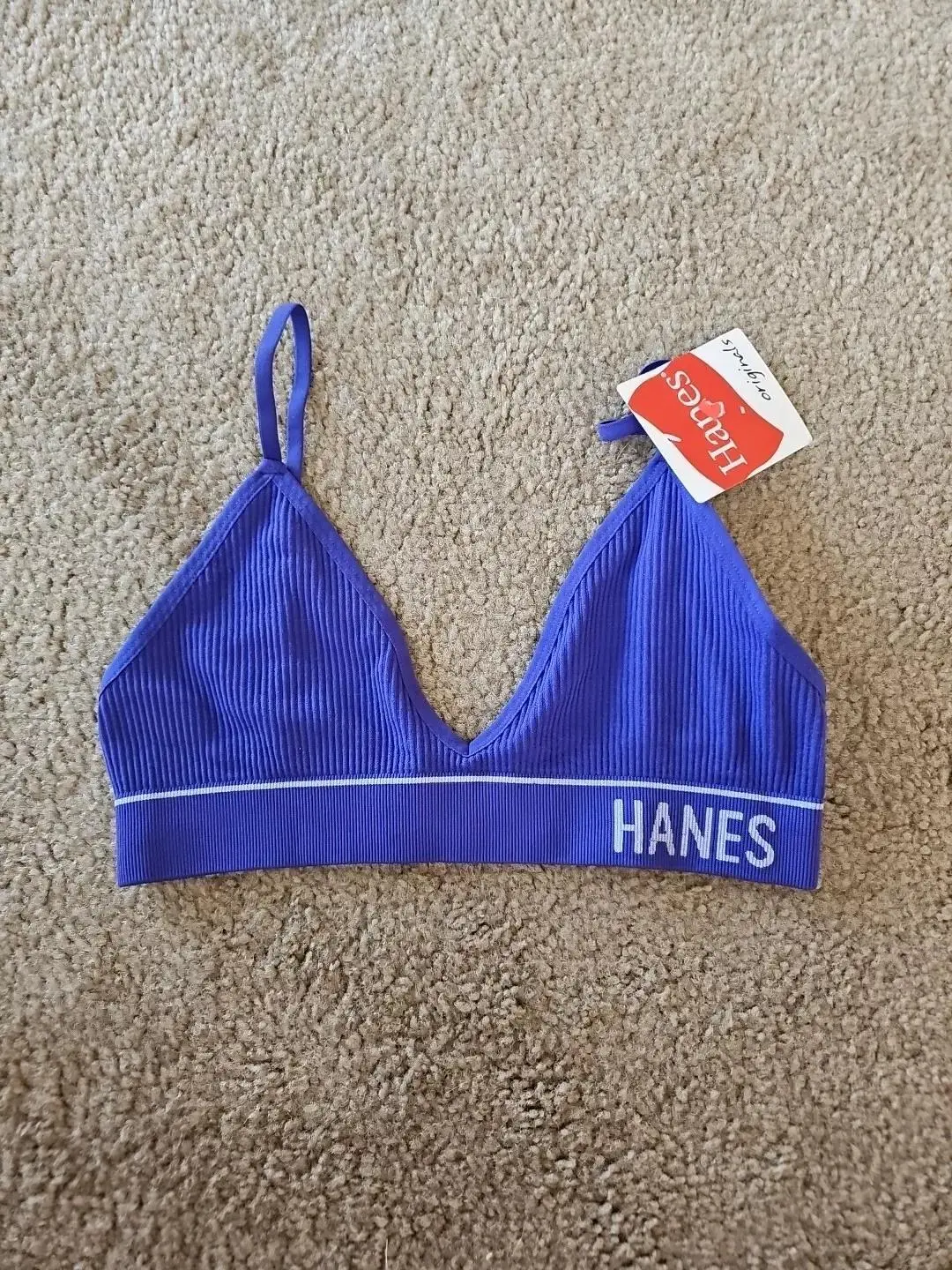 b'Hanes Originals Womens Seamless Rib Triangle Bralette ComfortFlex Fit Blue Small'