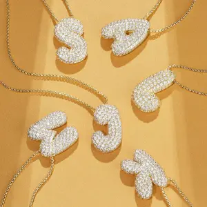 Trendy 14K Gold Plated Bubble Letter Initial Necklace for Women with Cubic Zirconia - Gold Balloon Pendant, Chunky Initial Necklace Gift