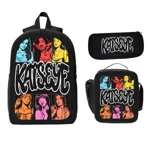 KATSEYE Retro Comic Three-Piece Backpack Set Black Street Style Backpack Pencil Case Lunch Bag Set for Students and Professionals